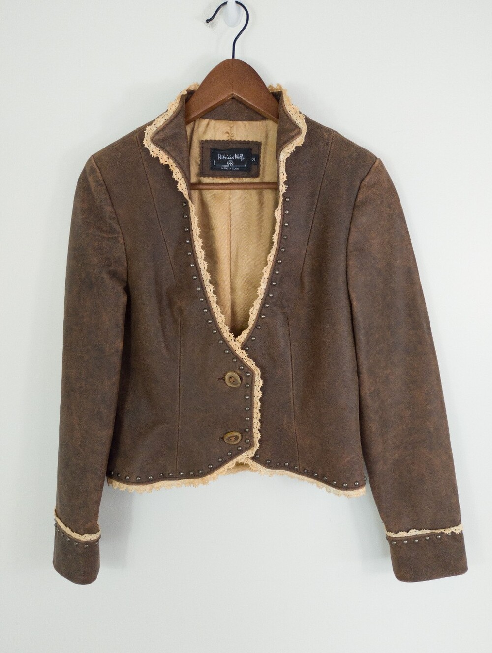 Patricia Wolf Vintage Cropped Lace Trim Studded Western Jacket Small